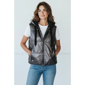 Brunello Cucinelli Women Leather Puffer Vest Metallic Down Monili size 40 S